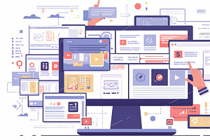 Creative illustration of multitasking screen with digital design elements and t, an Illustration by AS photostudio