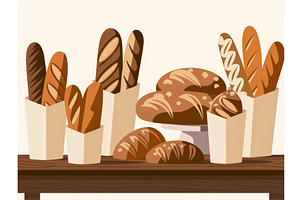 Assorted fresh bread and pastries, an Illustration by tilialucida