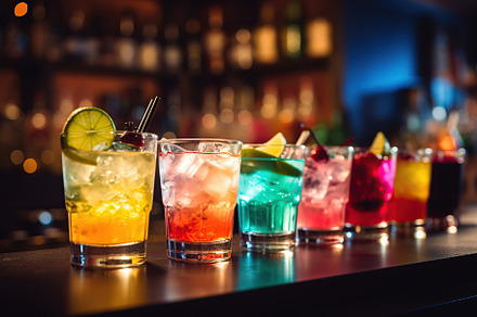 Different alcohol cocktails on bar counter, a Food & Drink Photo by AlyaAnd