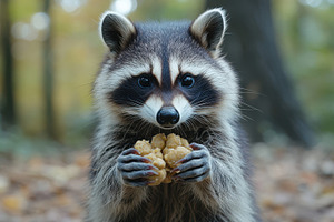 Raccoon holding food with cute expre, an Animal Photo by Pixeness Studio