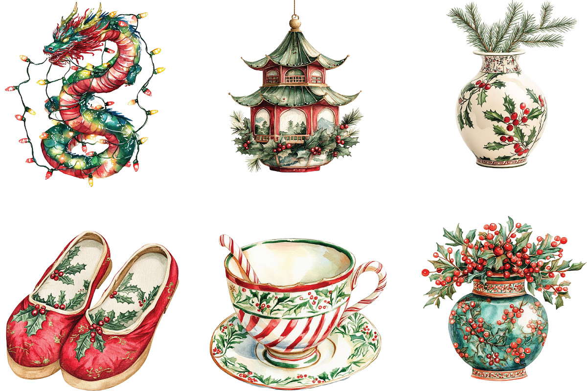 Chinoiserie Red & Green Christmas, an Illustration by CraftArtStudio (Photo 2 of 6)