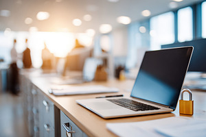Modern office workspace with laptop and padlock, a Business Photo by AlyaAnd