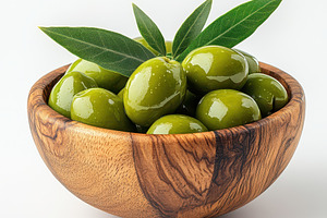 Green olives in wooden bowl with lea, a Food & Drink Photo by Pixeness Studio