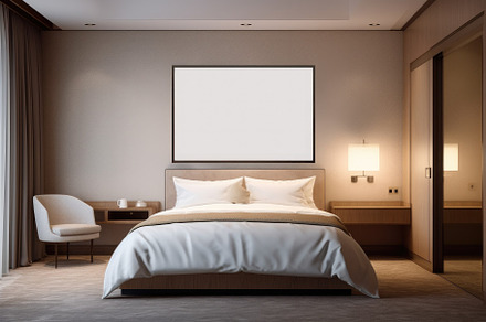Hotel room with a framed picture mockup hangs directly on the wall, an Architecture Photo by zakiroff