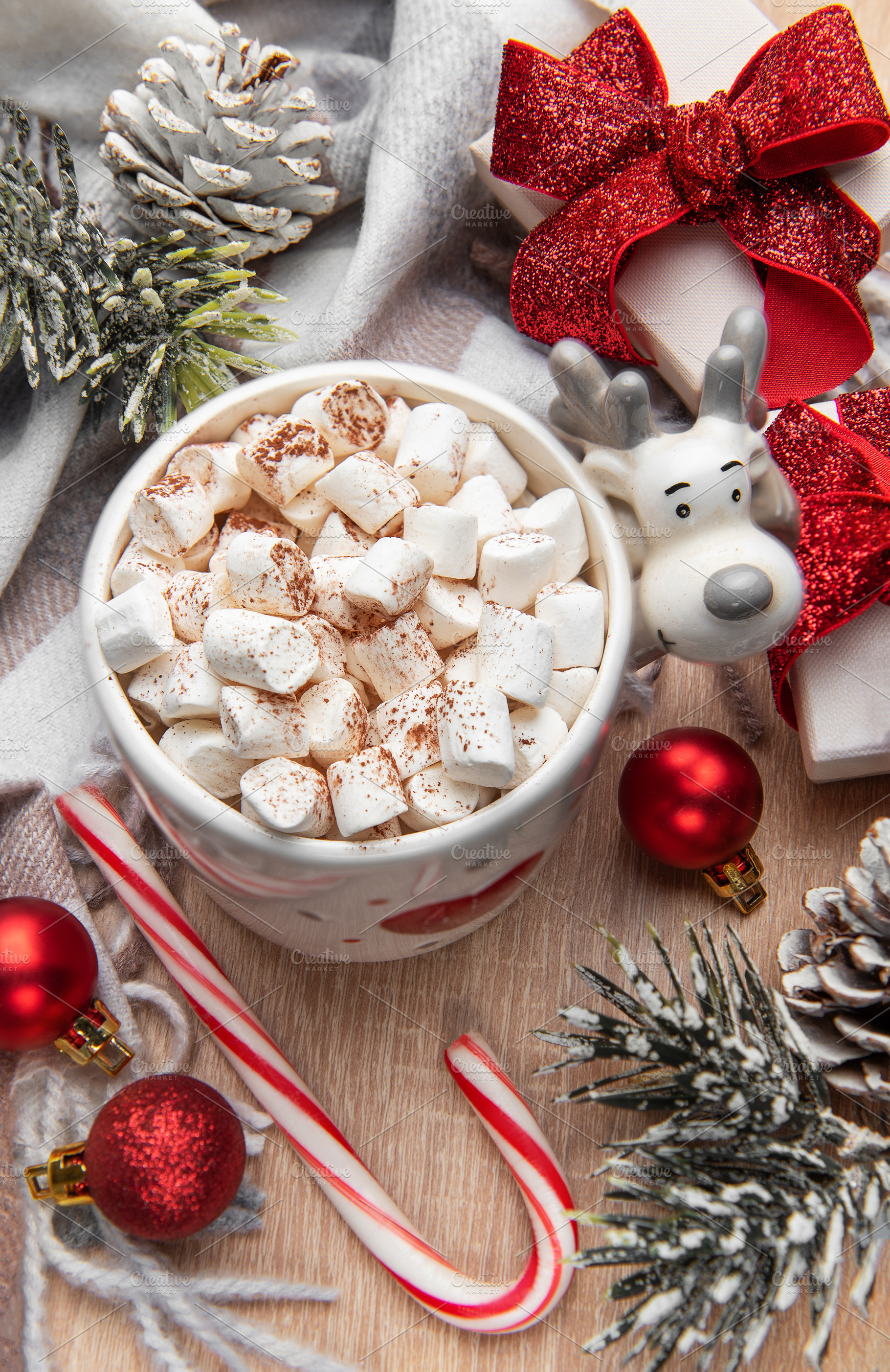 Warm hot chocolate with marshmallows and christmas decorations, a Holiday Photo by Olena Rudo