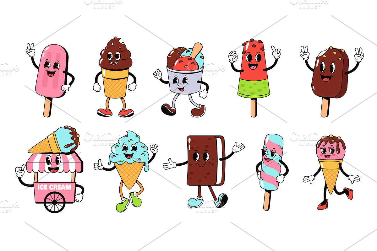 Retro cartoon ice cream characters, an Illustration by winwin.art