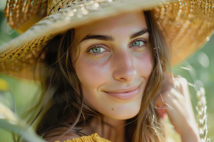 Glowing Seaside Serenity: Woman with Straw Hat Smiling - Generative AI, a Person Photo by José Manuel Gelpi