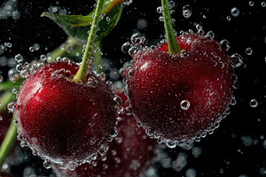 Cherries captured in sparkling water, a Photo by Beautiful things