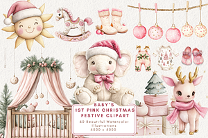 Baby’s 1st Pink Christmas Clipart, an Illustration by NadiaTheronArt