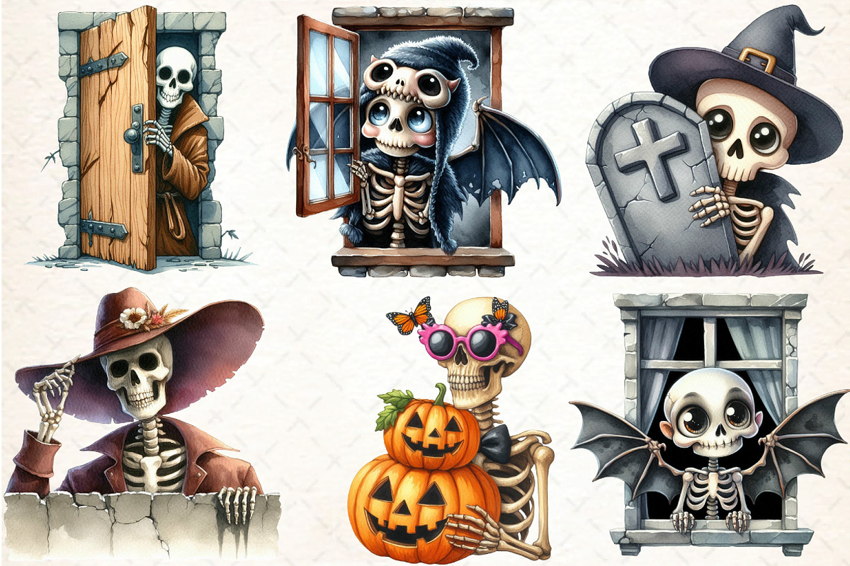 Funny Skeleton Peeking Bundle Clipar, an Illustration by DreamCafeArt (Photo 4 of 5)