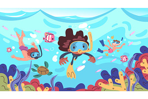 Children snorkeling. Cartoon kids, an Illustration by Stock-Smart-Start
