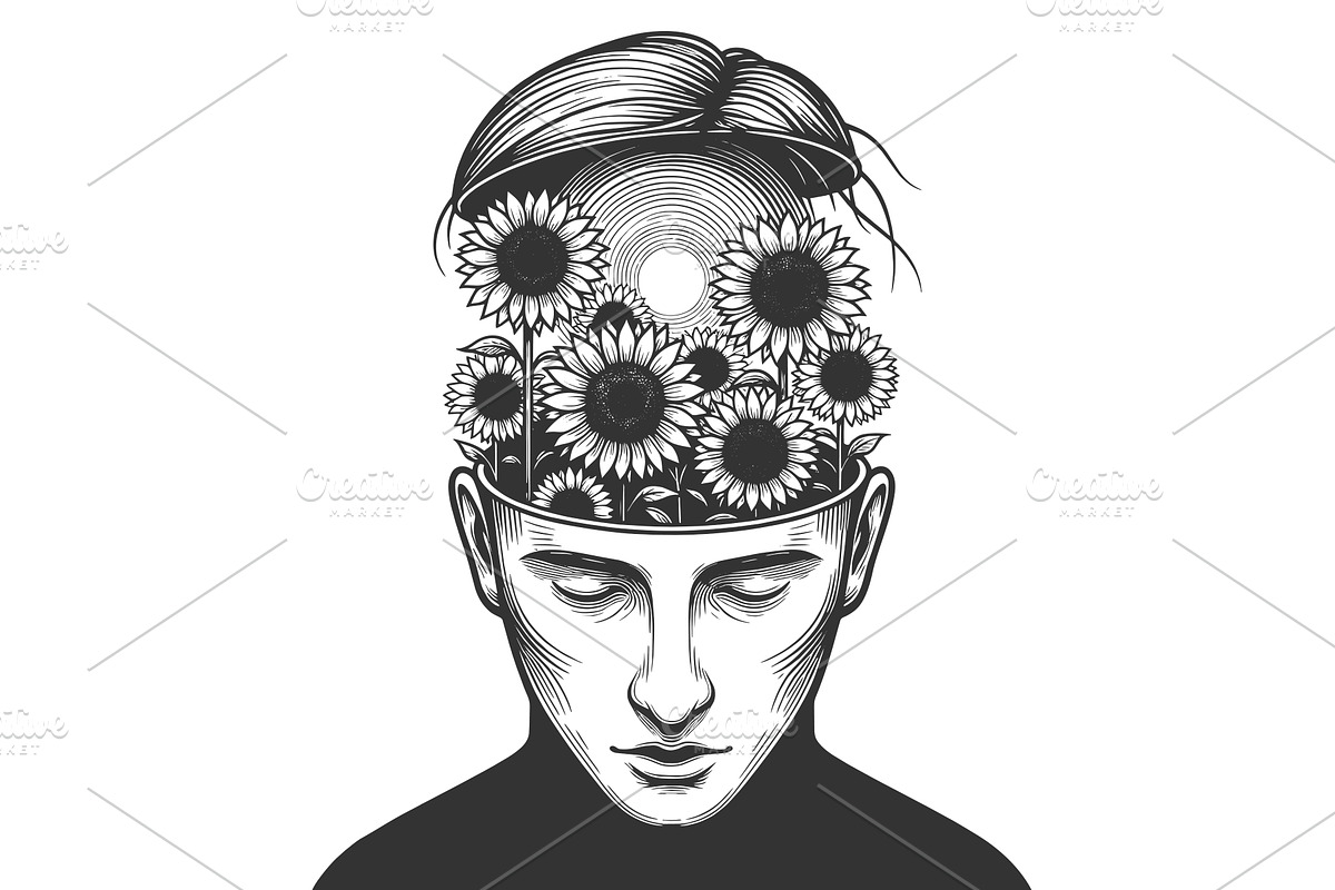 Open Mind Filled Sunflowers vector, a Person Illustration by AlexArt