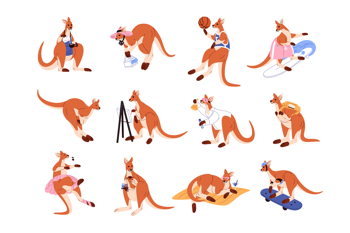 Cute kangaroo set + seamless pattern, an Animal Illustration by PaperTrident (Photo 1 of 15)