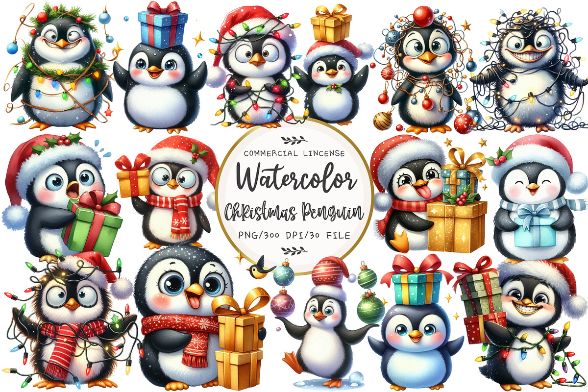 Christmas Funny Penguin Clipart, an Illustration by OK Design (Photo 1 of 5)