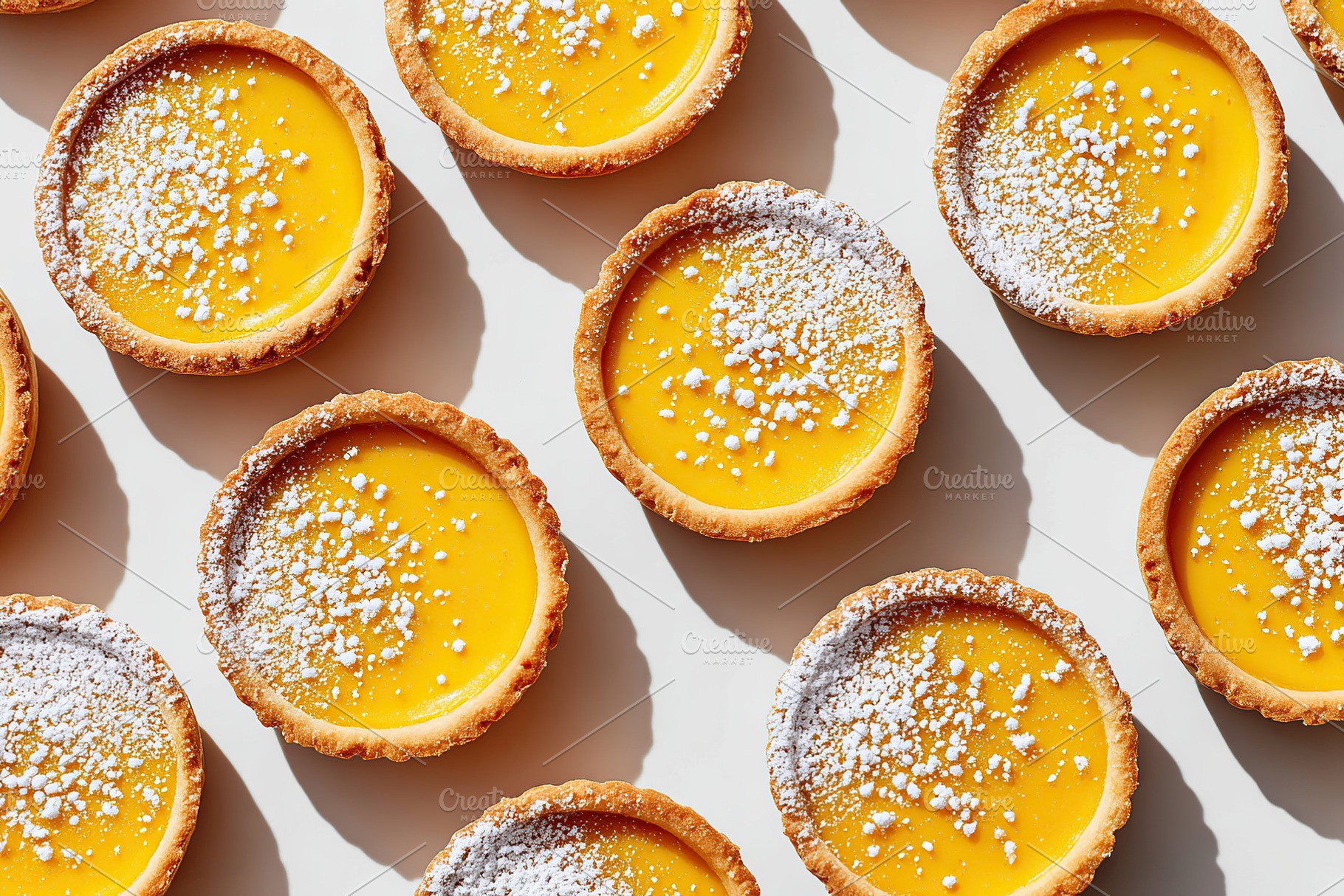 Delicious variety of custard tarts arranged neatly on a light background, a Photo by AlyaAnd