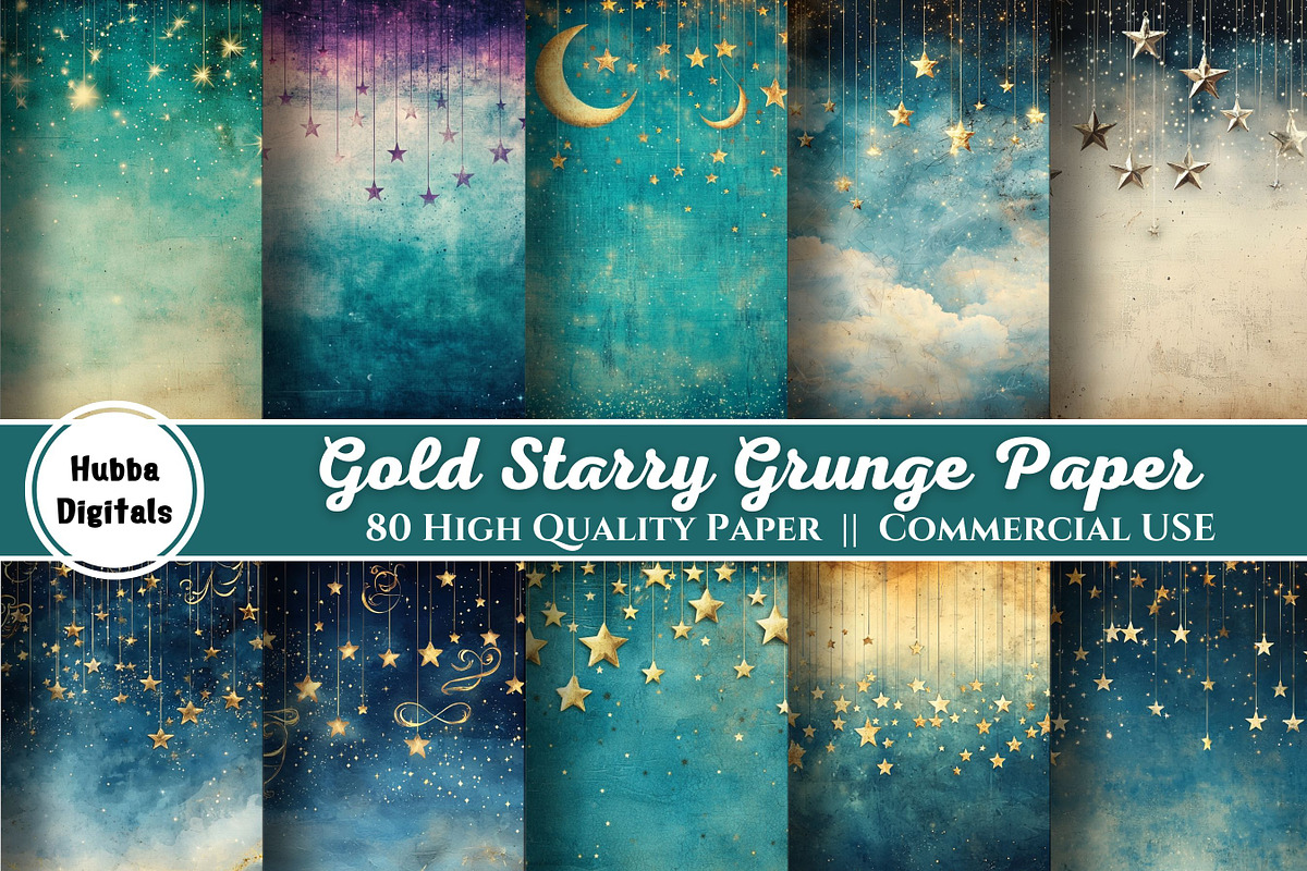 80 Gold Starry Grunge Digital Paper, an Illustration by HubbaDigitals (Photo 1 of 3)