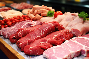 Assortment of raw meats on the market counter, a Food & Drink Photo by AlyaAnd