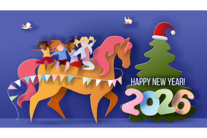 Children riding horse new year 2026, a Person Illustration by Valenty
