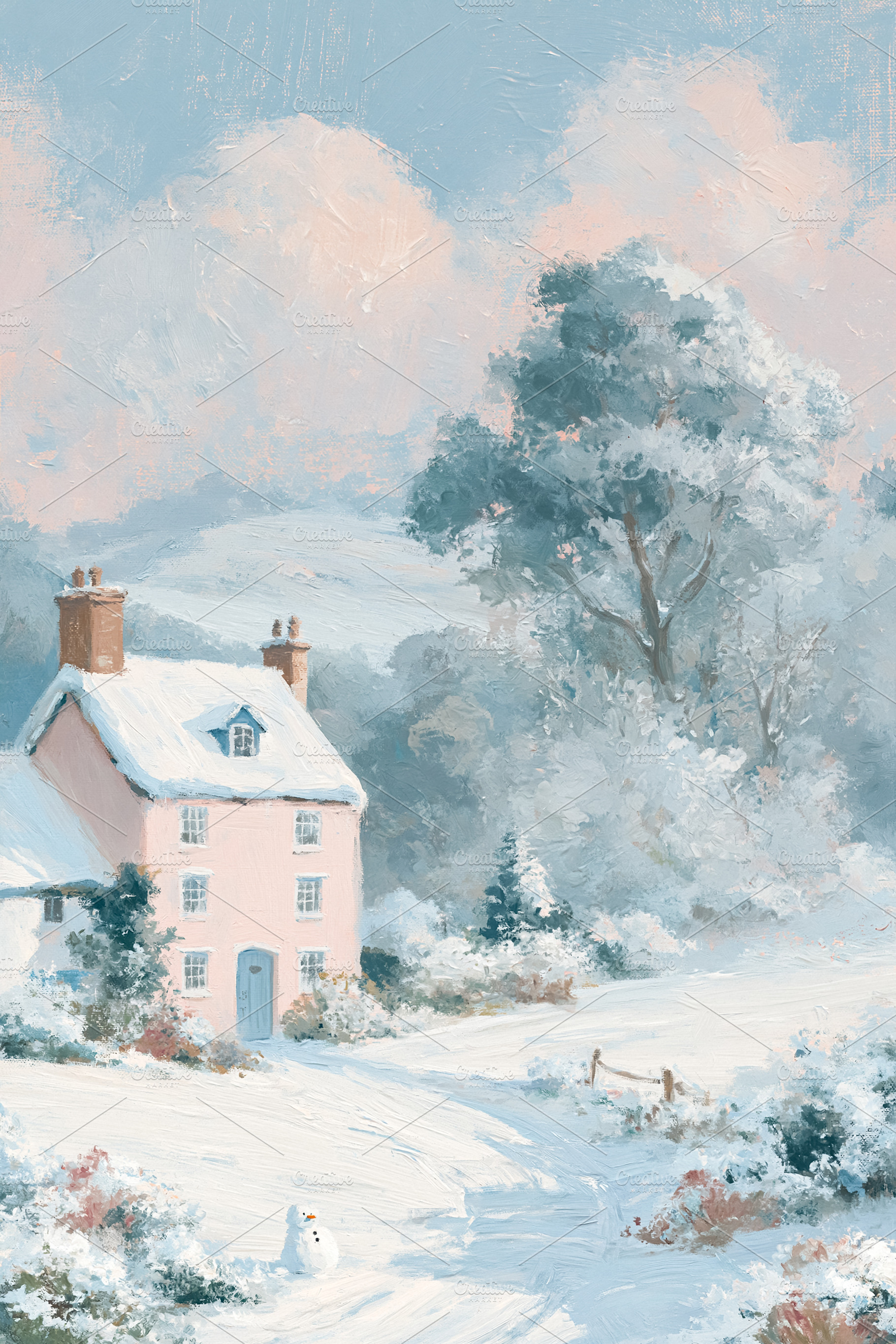 Fine art painting depicting a pastel pink cottage in a peaceful,, a Photo by Studio ANNA