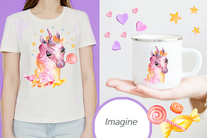 Watercolor Cute Lollipop Unicorn