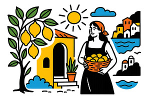 Woman with a basket of lemons near a, an Illustration by ZinetroN