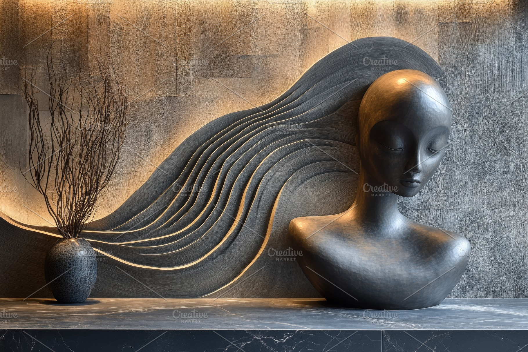 A modern artistic sculpture of a woman's head with flowing hair, set against a, a Photo by Textures & Backgrounds