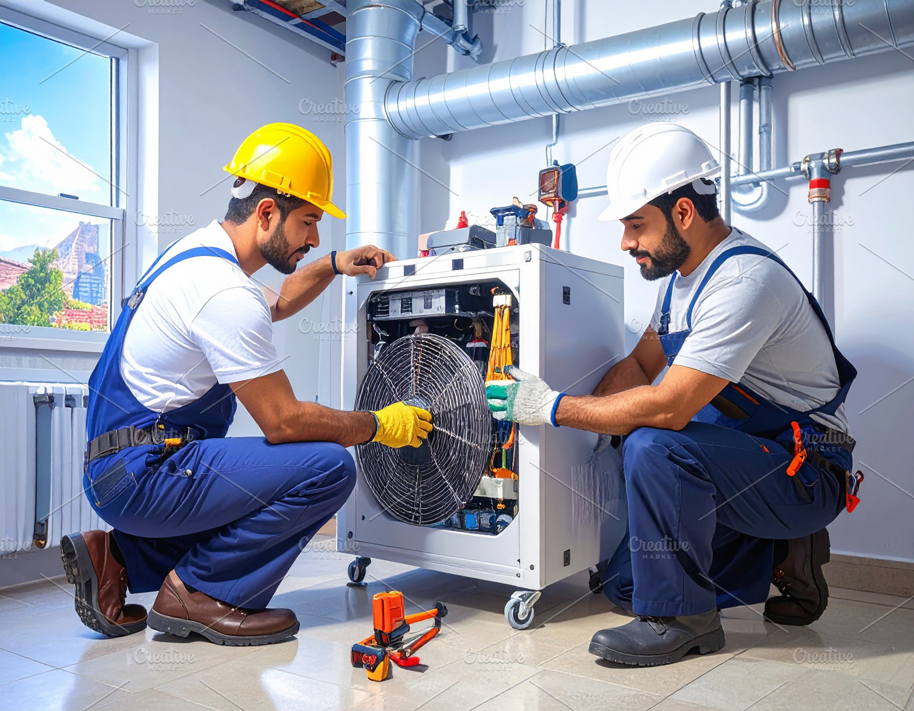HVAC professionals conducting furnace repair and technical diagn, an Industrial Photo by DanFLCreativo