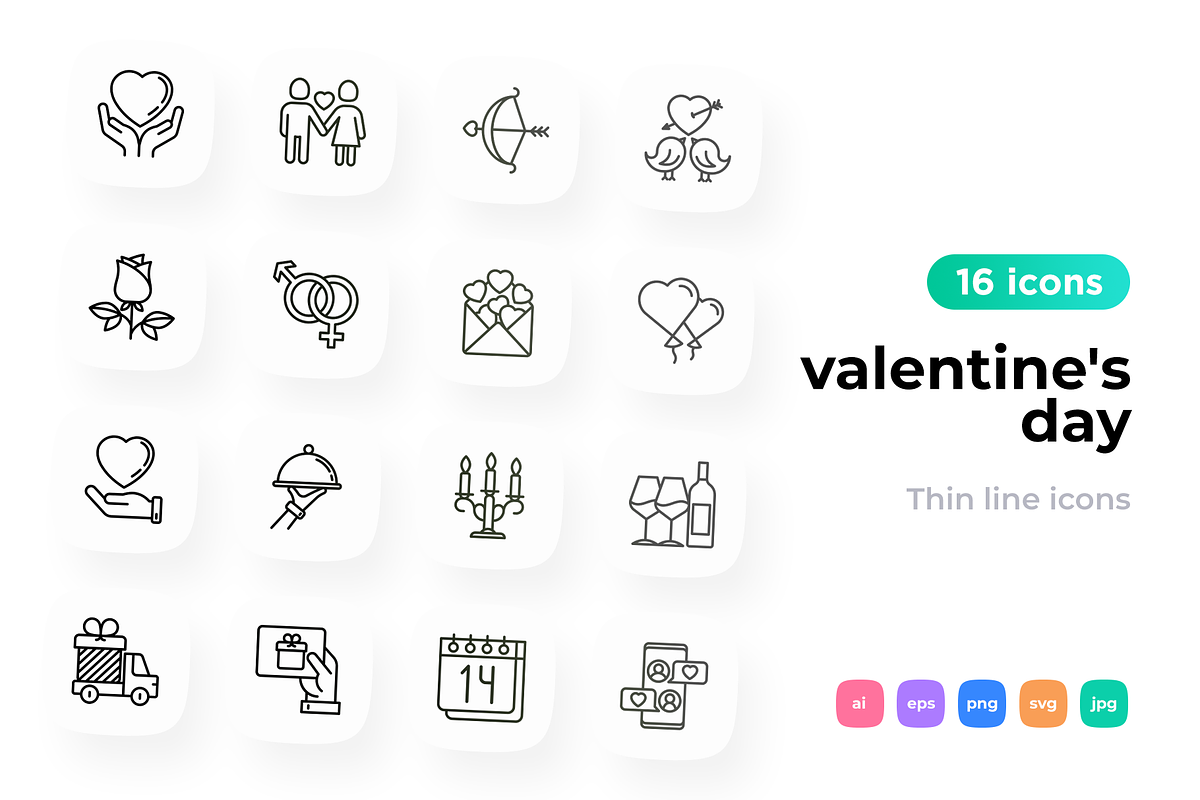 Valentine's Day 16 Thin Line Icons, an Outline Icon by Alex Blogoodf (Photo 1 of 5)