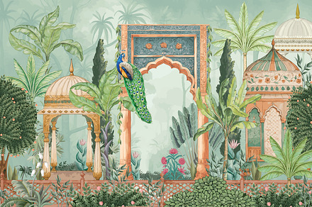 Mughal garden, peacock, tree, palace, an Illustration by Mughal Wallpaper