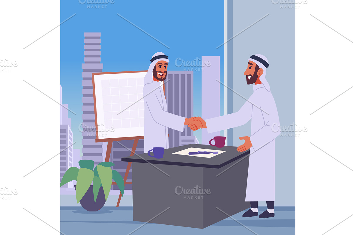 Arab business. two muslim persons, a Finance Illustration by Onyx
