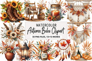 Watercolor Autumn Boho Clipart, an Illustration by DreamArtGraphic