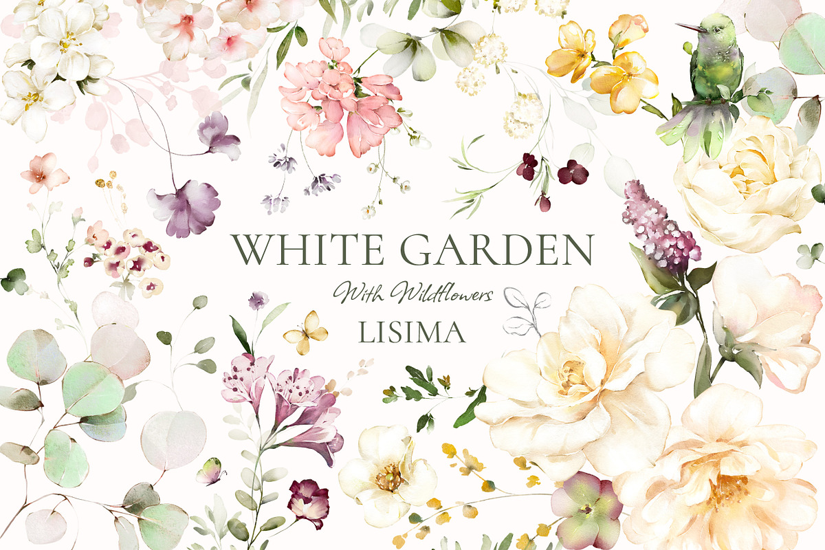 White roses & wildflowers floral set, a Decorative Illustration by Lisima (Photo 1 of 13)