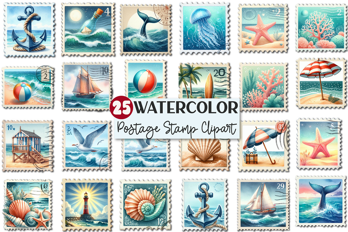 Summer Coastal Postage Stamp Clipart, an Illustration by Rose Art (Photo 1 of 4)