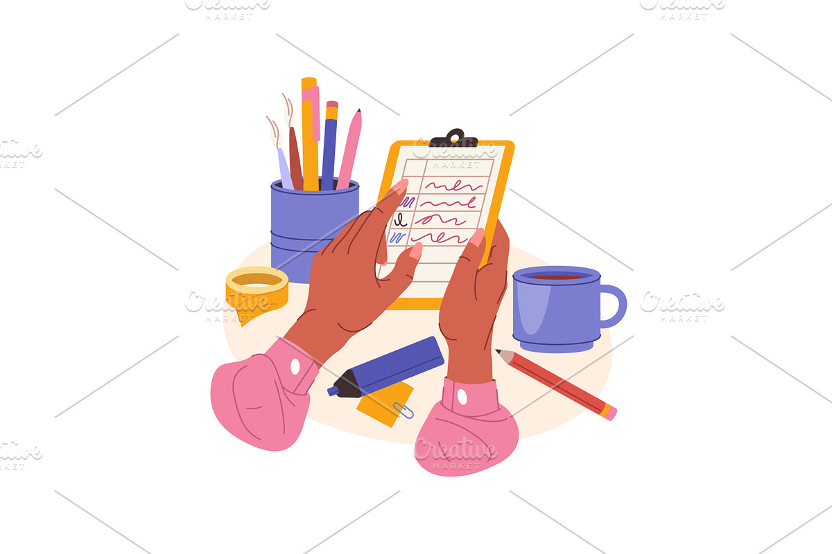 Hands holding planning page. Vector, an Education Illustration by Elegant Solution