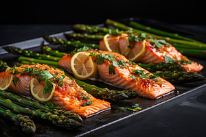 Baked salmon with green asparagus and slices of lemon on black background, a Food & Drink Photo by AlyaAnd
