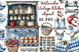 Watercolor vintage kitchen clipart, an Illustration by Libby Wishes