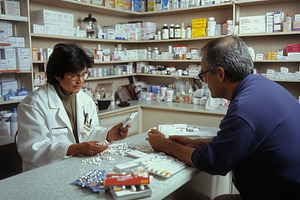 Pharmacist consulting with a patient, a Photo by Pavel_design