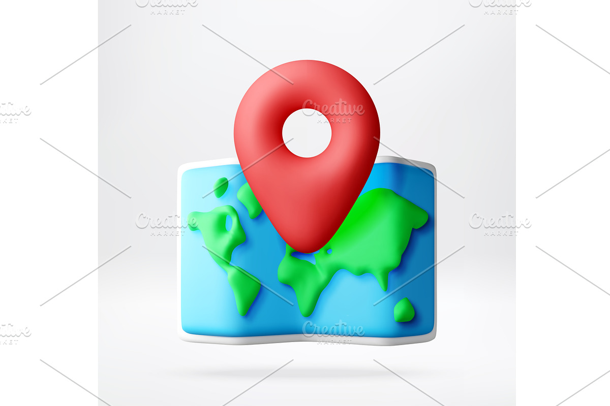 Red location pin on world map in 3D, an Object Illustration by Abscent