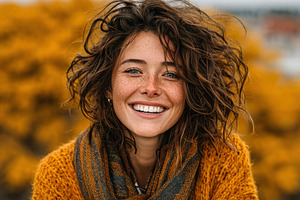 Closeup portrait of joyful woman with curly hair and freckles we, a Person Photo by José Manuel Gelpi