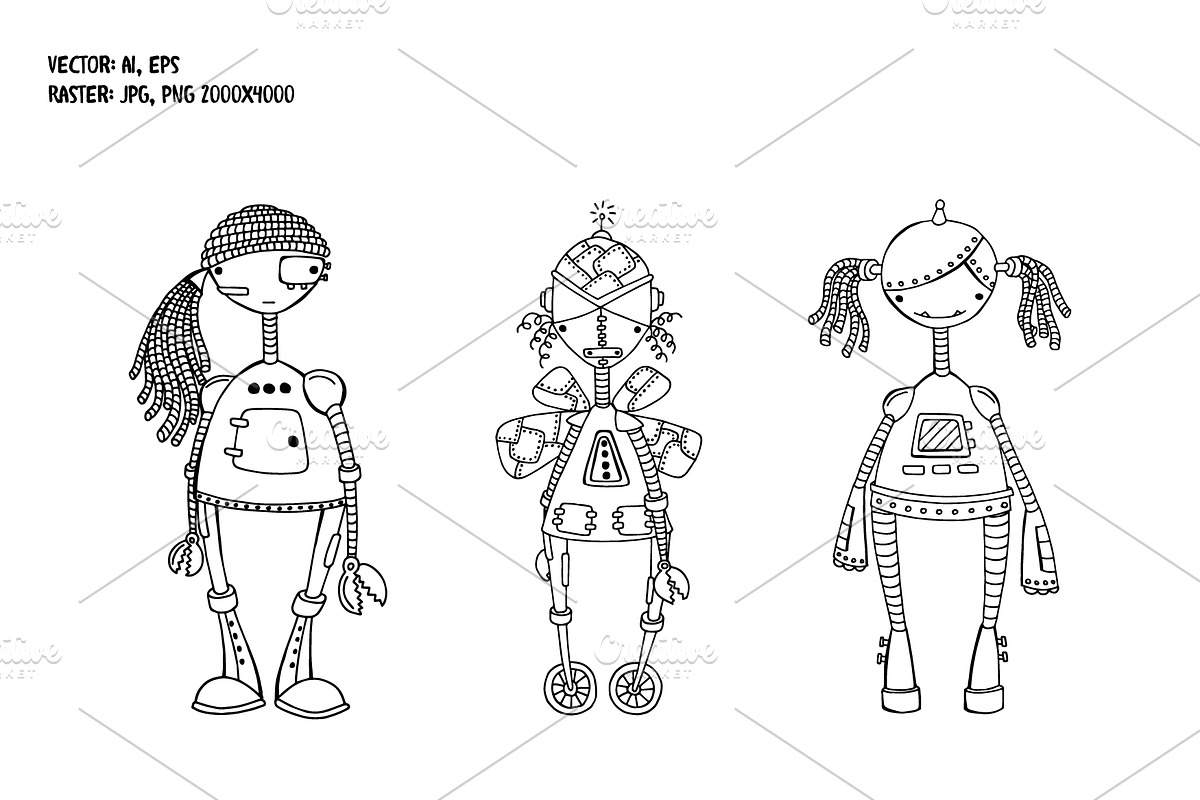 9 robots in the style of doodle., an Object Illustration by palllna (Photo 3 of 4)