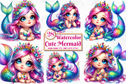 Watercolor Cute Mermaid Clipart, a Seasonal Illustration by Craft Nest (Thumbnail 1 of 5)