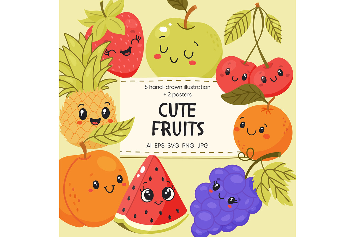 Cute Kawaii Fruits, a Food Illustration by Bielousova Art (Photo 1 of 5)