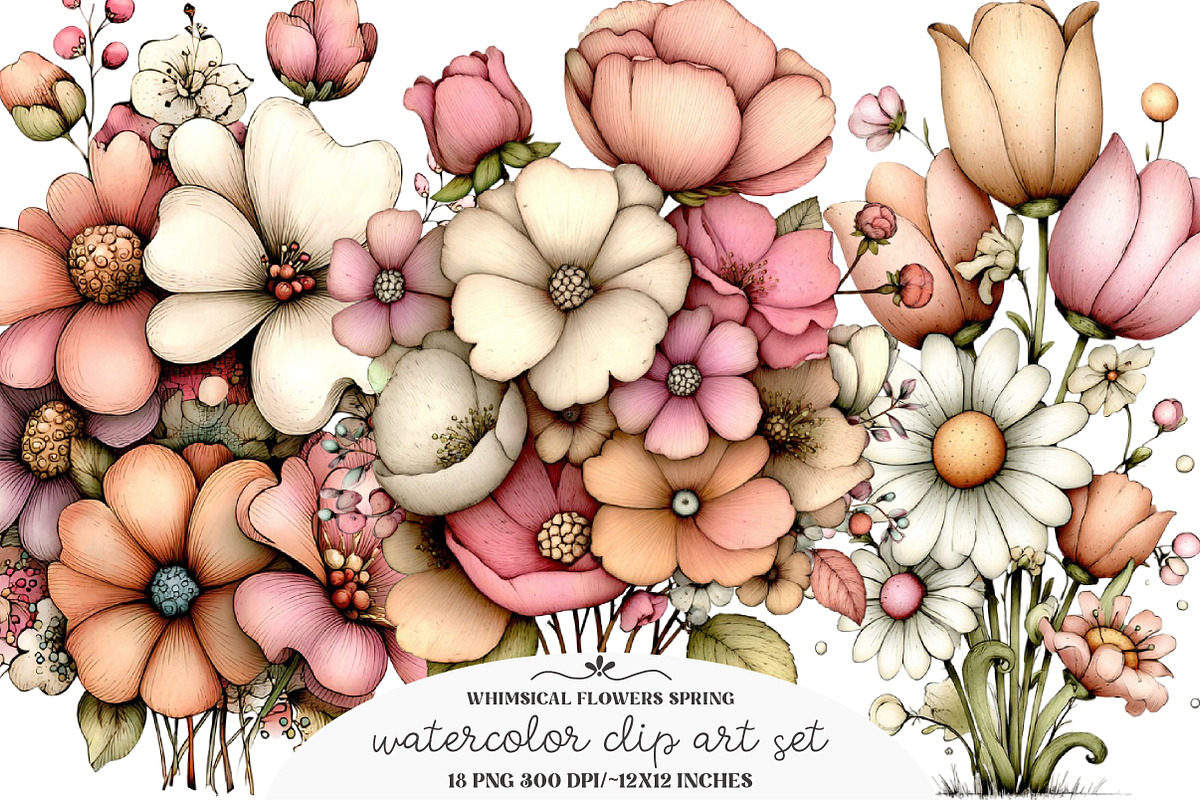 Whimsical Flowers Spring Clipart, an Illustration by GatewayDesign (Photo 1 of 3)