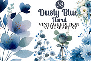 Watercolor Dusty Blue Floral Clipart, an Illustration by DreamArtGraphic (Thumbnail 1 of 8)
