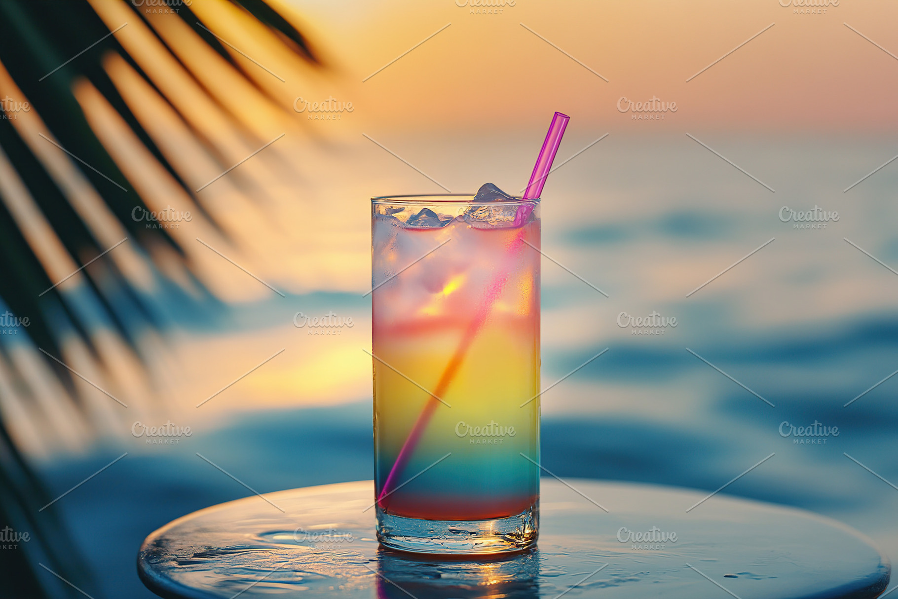 Colorful cocktail glass with layers at sunset by the beach, a Food & Drink Photo by AlyaAnd