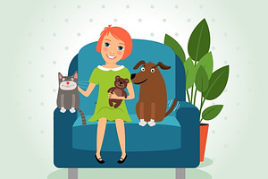 Love my pets. Girl on armchair, a Background Graphic by Microvector