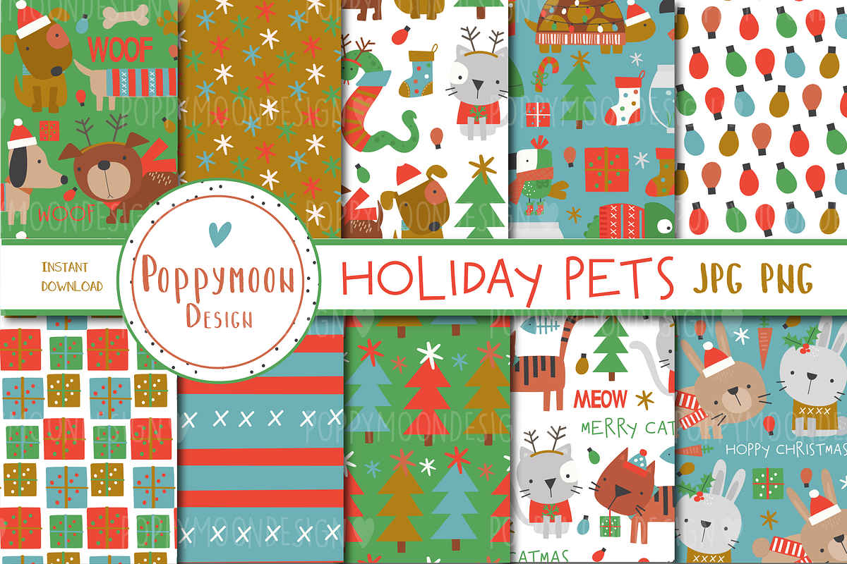 Holiday pets paper set, a Pattern Graphic by Poppymoondesign (Photo 1 of 3)
