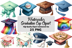 Watercolor Graduation Cap Clipart, an Illustration by Daily.Designs