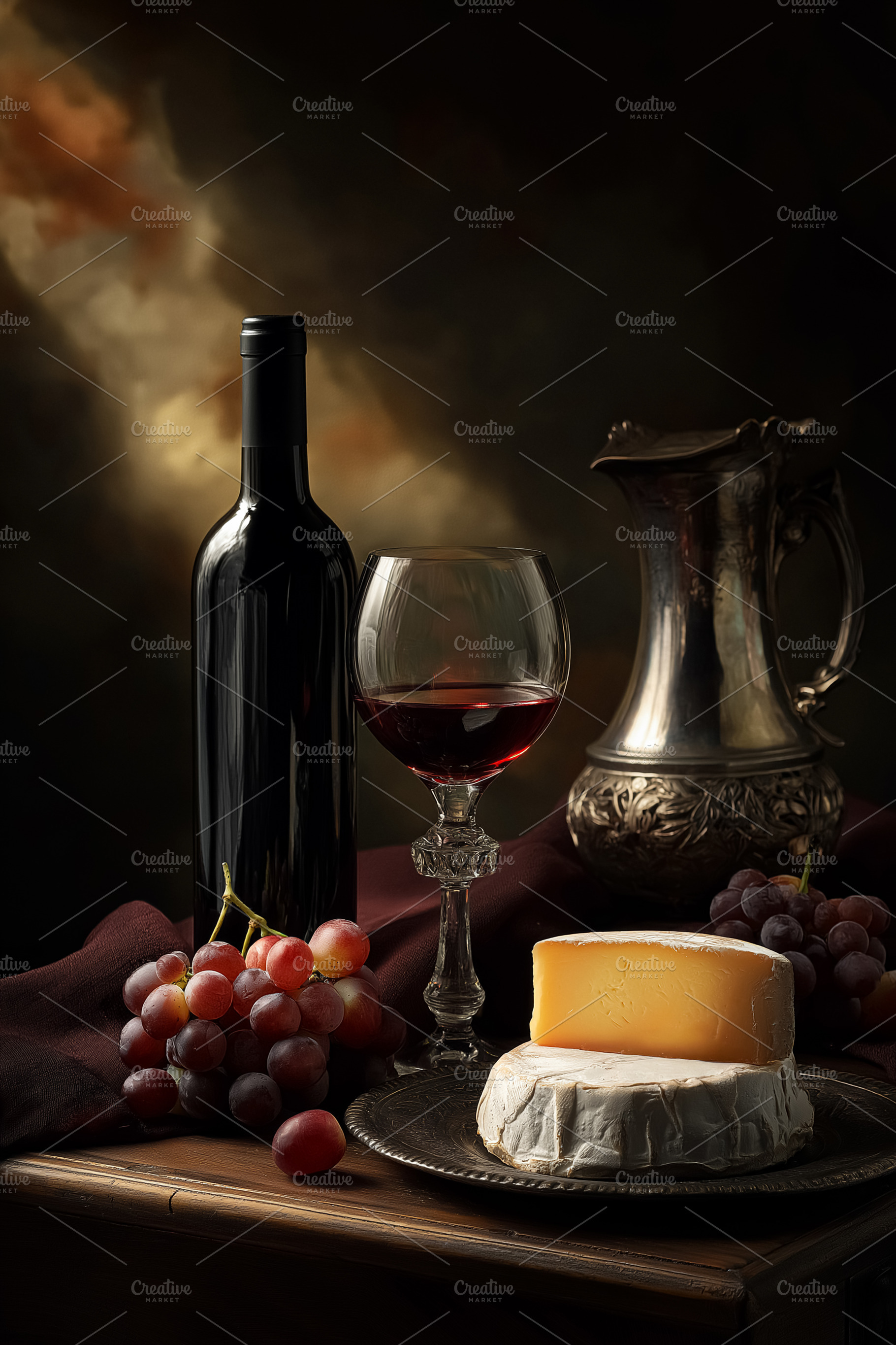 Still life featuring red wine with a glass, various cheeses, and grapes for a r, a Food & Drink Photo by Studio ANNA