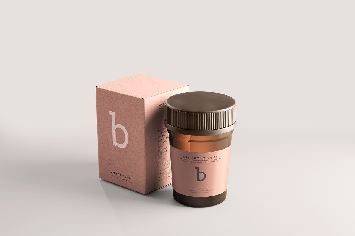 Amber Glass Pills Bottle Mockups, a Cups & Container Mockup by pmvch (Photo 2 of 20)